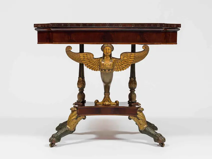 Charles Honoré Lannuier (1779–1819), Card table, 1810–20, mahogany and rosewood veneer with brass inlay and gilding, 30 × 35 3/4 × 17 5/8 in. The Huntington Library, Art Collections, and Botanical Gardens. Photography © 2014 Fredrik Nilsen.