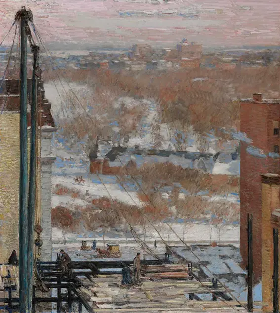 Childe Hassam (1859-1935), The Hovel and the Skyscraper, 1904, oil on canvas, 34 3/4 x 31 in. Pennsylvania Academy of the Fine Arts, Philadelphia, The Vivian O. and Meyer P. Potamkin Collection, bequest of Vivian O. Potamkin.