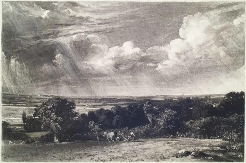 David Lucas (British, 1802-1881), after John Constable (British, 1776-1837), A Summerland (Ploughing in Suffolk), 1831, mezzotint. The Huntington Library, Art Collections, and Botanical Gardens.