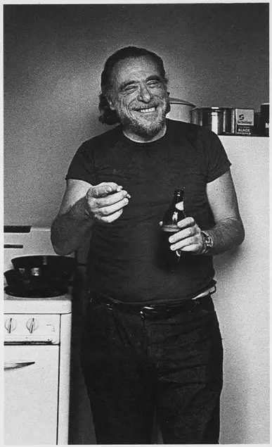 Postcard showing Charles Bukowski holding cigarette and beer bottle, 1989. Photo by Joan Levine Gannij, published by Island International Bookstore, Amsterdam. Huntington Library, Art Collections, and Botanical Gardens.