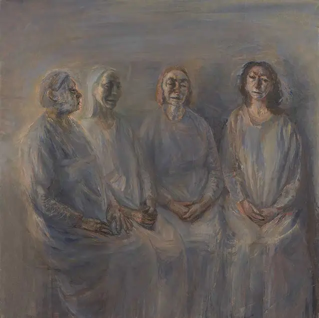 Celia Paul, My Sisters in Mourning, 2015–16. Oil on canvas, 58 1/8 x 58 1/4 x 1 3/8 in. © Celia Paul.