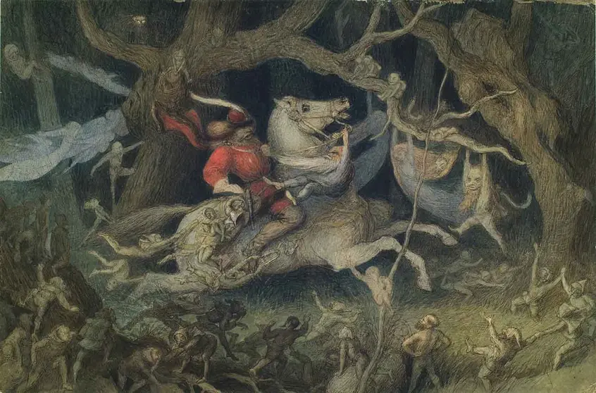 A scene from the Danish fairytale The Altar Cup of Aagerup comes to dramatic life in a pen and watercolor drawing by artist Richard Doyle (1824–1883).  Huntington Library, Art Collections, and Botanical Gardens.