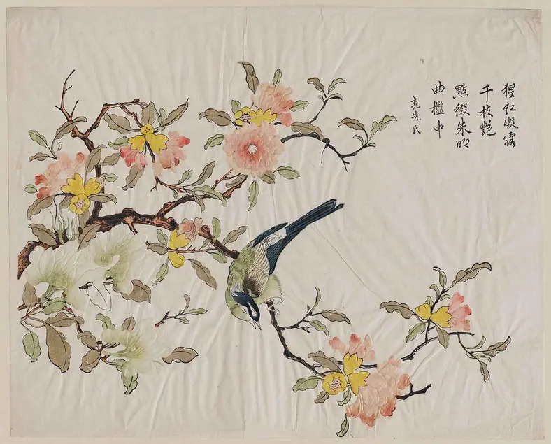 Pomegranate and Magnolia with Bird, Qing dynasty, ca. 1700–1750. Artist: Ding Liangxian. Publisher: Jinchang district, Suzhou, Jiangsu province. Woodblock print with embossing, ink and colors on paper (multi-block technique with hand-coloring), 11 7/8 × 14 3/4 in. Museum of Fine Arts, Boston. Photograph © 2016 Museum of Fine Arts, Boston.