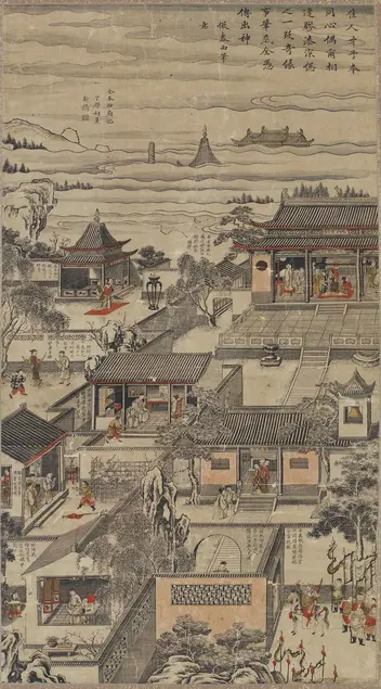 Scenes from Story of the Western Chamber: The Complete Version, Qing dynasty, 1747. Publisher: Peach Blossom Cove, Suzhou, Jiangsu province. Hand-colored woodblock print mounted as hanging scroll, ink on paper, 38 1/4 × 19 7/8 in. Harvard Art Museums/Arthur M. Sackler Museum. Photo: Imaging Department © President and Fellows of Harvard College.