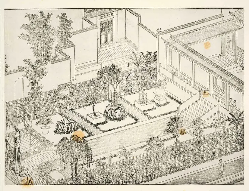 Detail from Illustrations of the Garden Scenery of the Hall of Encircling Jade, Ming dynasty, ca. 1602–5. Artist: Qian Gong (ca. 1573–1620). Carver: Huang Yingzu (b. 1563). Publisher: Wang Tingna (ca. 1569–after 1628), Wang Family Hall of Encircling Jade, Huizhou. Photolithographic reproduction of woodblock-printed handscroll, 1981, made from metal plates created in the 1960s, Beijing, 13 7/8 × 10 1/2 in. Collection of Richard Strassberg.
