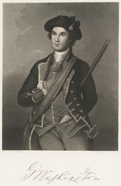 J. W. Steele (engraver), George Washington as the Colonel of the Virginia Militia, after the painting by Anson Dickinson, from Benson John Lossing, The Home of Washington and Its Associations (New York: W. A. Townsend, 1865). Huntington Library, Art Collections, and Botanical Gardens.