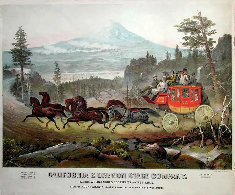 California & Oregon Stage Company advertising poster, lithographed by Britton & Rey (San Francisco), ca. 1870.  Jay T. Last Collection, The Huntington Library, Art Collections, and Botanical Gardens.