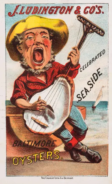 Trade card for J. Ludington & Co.'s Baltimore Oysters, lithographed by The Calvert Lithographing Co. (Detroit), ca. 1890. Jay T. Last Collection, The Huntington Library, Art Collections, and Botanical Gardens.