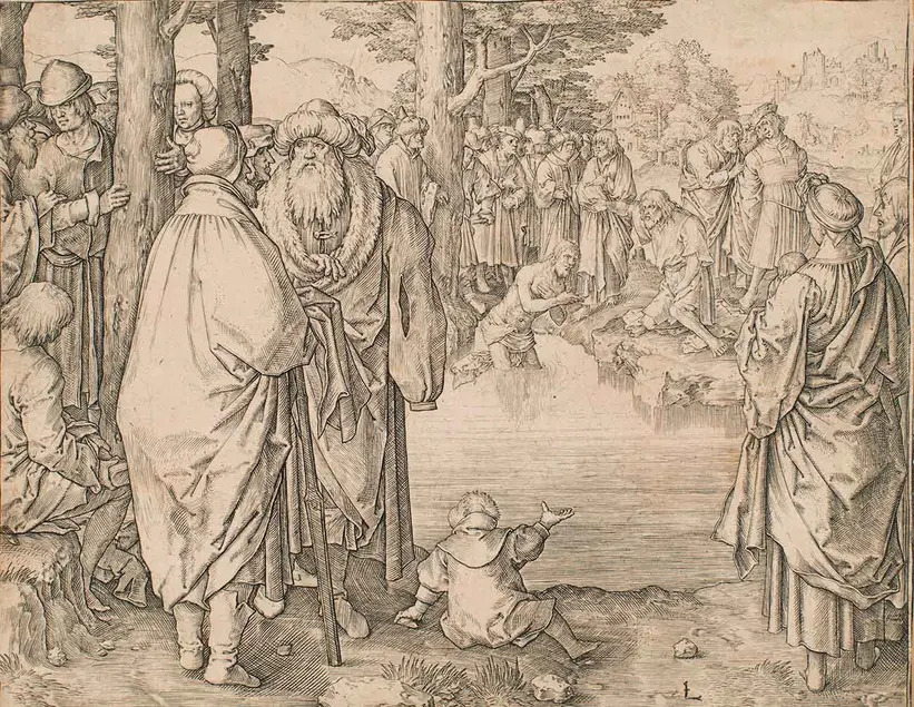Lucas van Leyden, Baptism of Christ, 1510, Engraving, 5 11/16 × 7 5/16 in. Huntington Library, Art Collections, and Botanical Gardens.