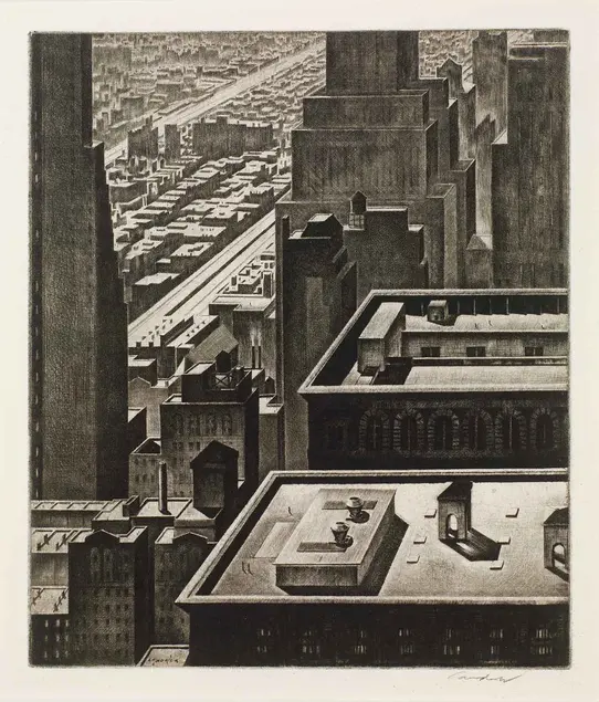 Armin Landeck, Manhattan Vista, 1934, drypoint, 10 1/8 × 8 5/8 in. The Huntington Library, Art Collections, and Botanical Gardens. Gift of Hannah S. Kully.