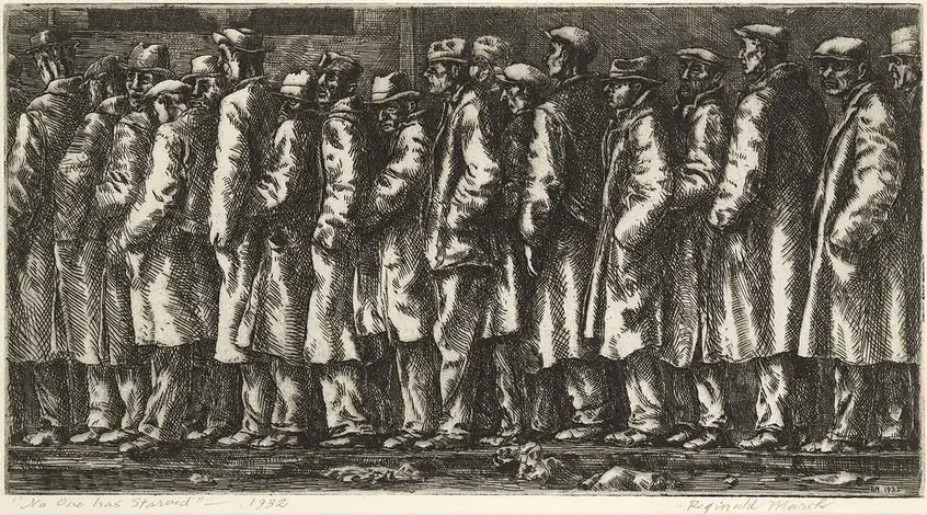 Reginald Marsh, Bread Line―No One Has Starved, 1932, etching and engraving, 6 15/16 × 11 7/8 in. The Huntington Library, Art Collections, and Botanical Gardens. © Estate of Reginald Marsh/ Art Students League/ Artist Rights Society (ARS), New York.