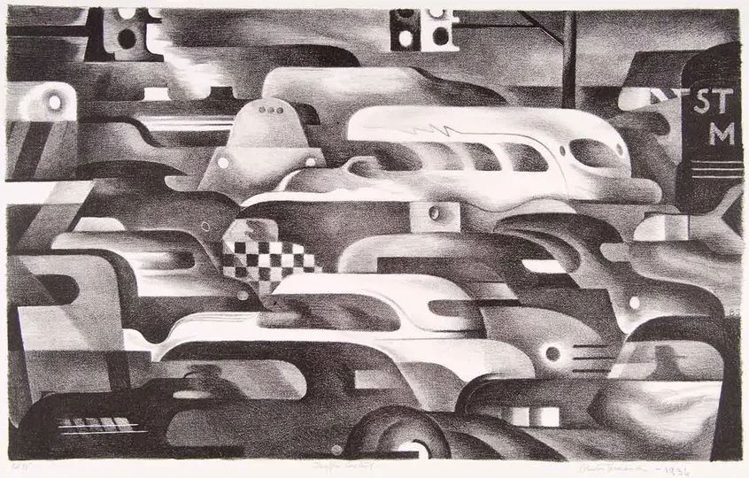 Benton Murdoch Spruance, Traffic Control, 1936, lithograph on woven paper, 9 × 14 3/8 in. The Huntington Library, Art Collections, and Botanical Gardens. Purchased with funds provided by Russel I. and Hannah S. Kully. Image courtesy of bentonspruance.com.