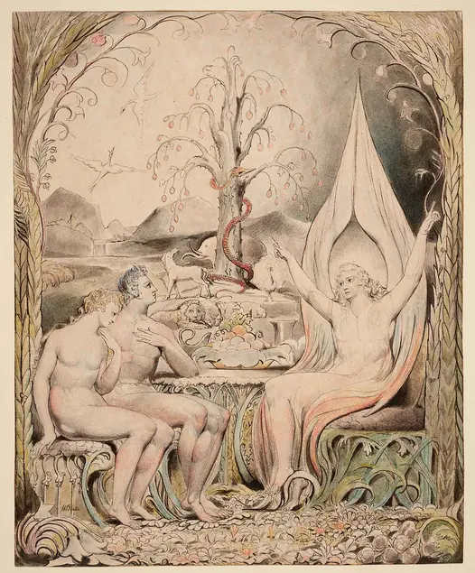 William Blake (British, 1757-1827), Illustration to Milton’s Paradise Lost: Raphael Warns Adam and Eve, 1807, pen and watercolor.