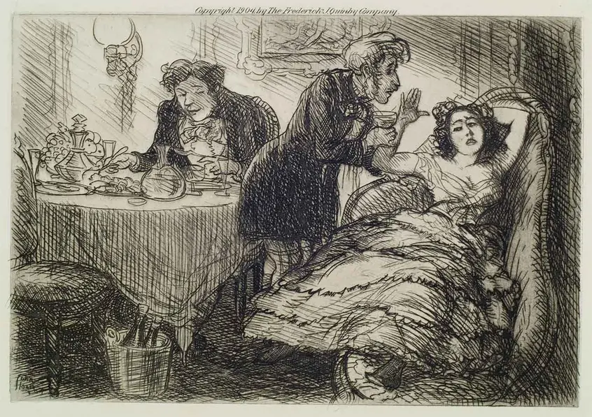 Mademoiselle Zizi Feints at Fainting, 1904, John Sloan (1871–1951), etching, state 4 of 4, 4 x 6 in. From the novel The Flower Girl, vol. 1, by Charles Paul de Kock (1794–1871), published by the Frederick J. Quinby Co., Boston, Mass. Huntington Library, Art Collections, and Botanical Gardens, partial and promised gift of Gary, Brenda, and Harrison Ruttenberg.