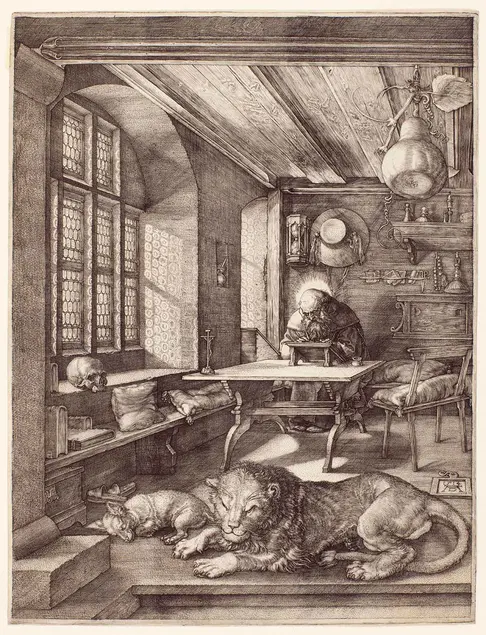 Albrecht Dürer (1471–1528), St. Jerome in His Study, 1514, engraving. The Huntington Library, Art Collections, and Botanical Gardens, Edward W. and Julia B. Bodman Collection.