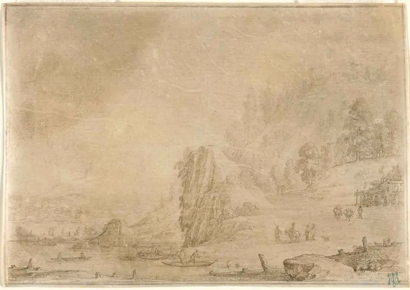17th century drawing of riverside landscape
