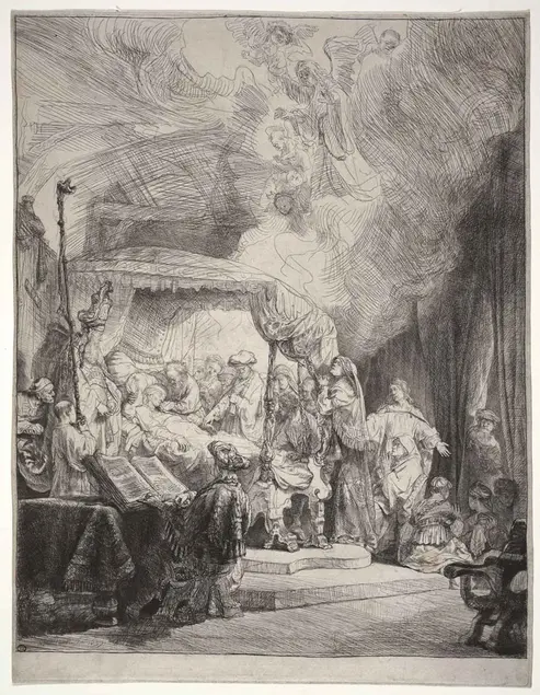 Etching of the death of the Virgin by Rembrandt