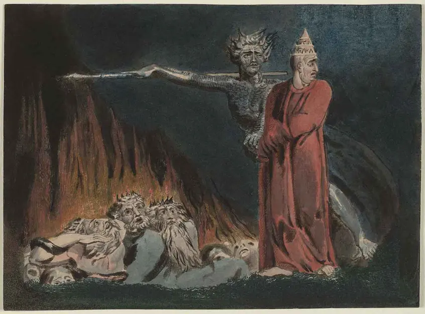 William Blake (British, 1757‒1824), Lucifer and the Pope in Hell, ca. 1794‒96, etching and/or engraving, color printed with gum or glue-based pigments, and hand finished with watercolor, pen, and ink. The Huntington Library, Art Collections, and Botanical Gardens.