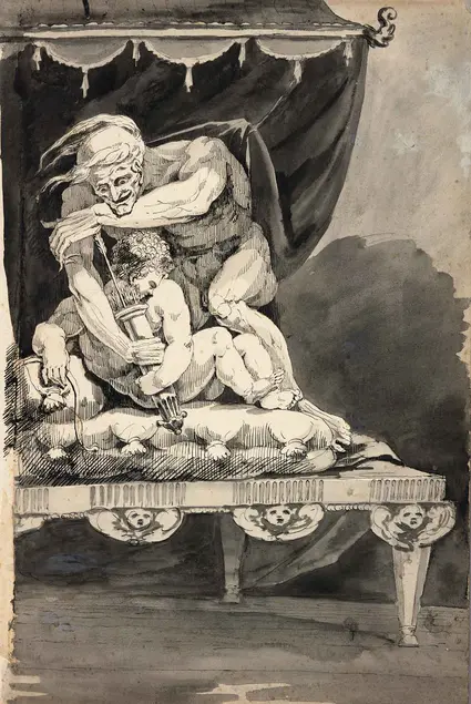 James Jefferys (British, 1751‒1784), Time Disarming Love, ca. 1779, pen and ink and brown wash. The Huntington Library, Art Collections, and Botanical Gardens.