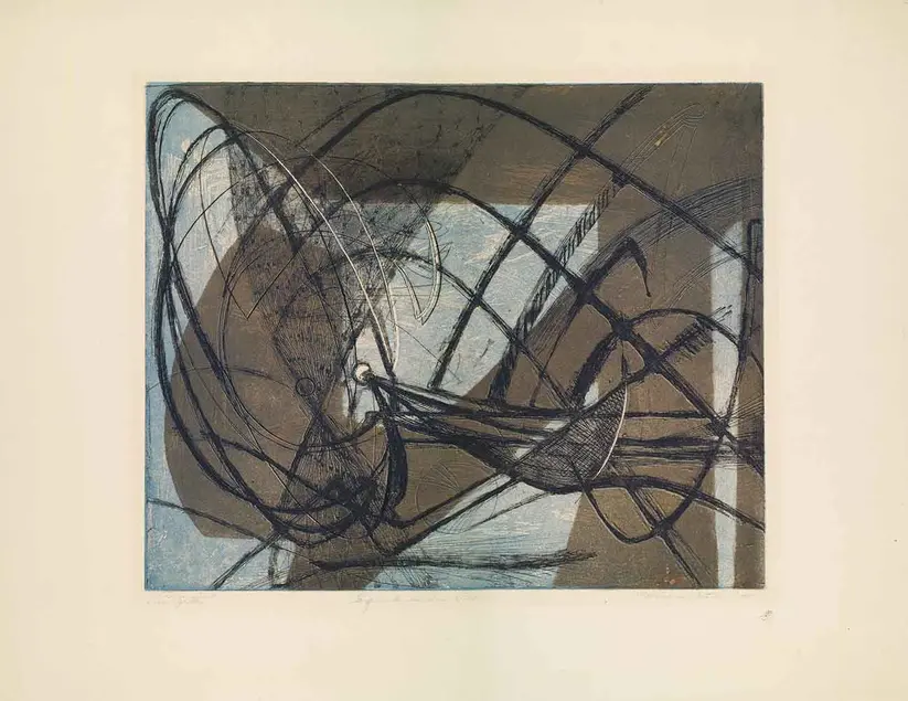 Minna Citron (1896–1991), Squid Under Pier, 1948–49, etching, soft-ground etching, engraving, and stencil. From the collection of Hannah S. Kully. Reproduction courtesy of the estate of the artist and the Susan Teller Gallery, New York City.