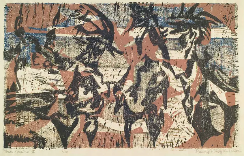 Dorothy Browdy Kushner (1909–2000), Three Roosters II, ca. 1955, woodcut with linocut. Huntington Library, Art Collections, and Botanical Gardens. Reproduction courtesy of the estate of the artist and the Susan Teller Gallery, New York City.