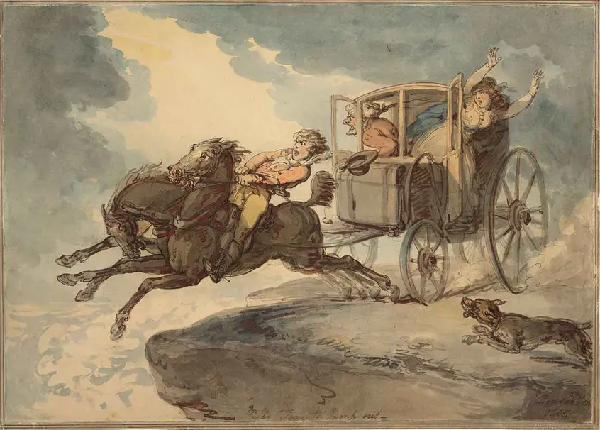 Thomas Rowlandson (British, 1756-1827), ‘Tis Time to Jump Out, 1805, pen and watercolor, The Huntington Library, Art Collections, and Botanical Gardens. Gilbert Davis Collection.