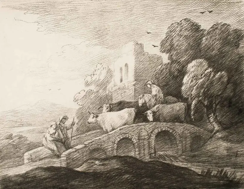 Thomas Gainsborough (British, 1727-1788), Wooded Landscape with Herdsmen Driving Cattle over a Bridge, Rustic Lovers and Ruined Castle, 1779-80. Soft-ground etching, 2nd state. The Huntington Library, Art Collections, and Botanical Gardens, gift of Norman Baker of Evans, Pierson & Co.
