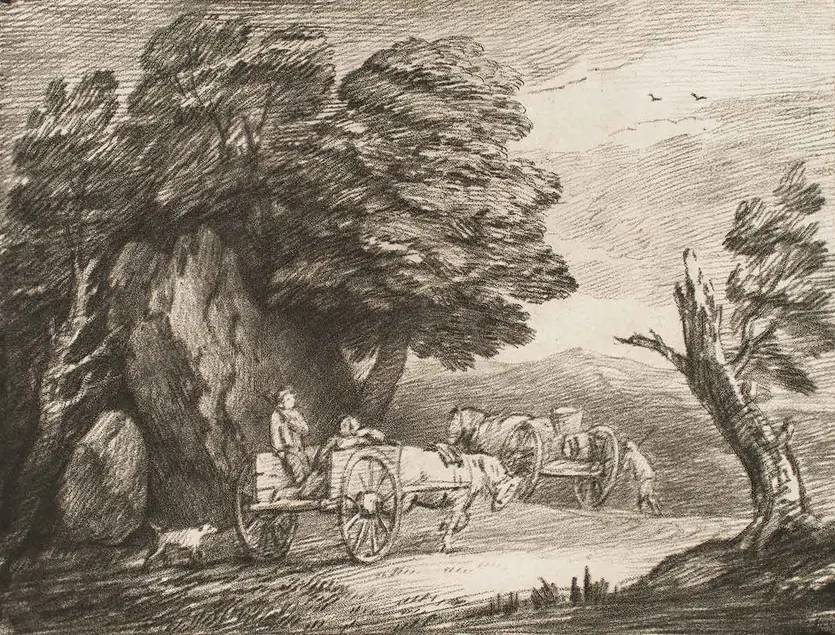 Thomas Gainsborough (British, 1727-1788), Wooded Landscape with Two Country Carts and Figures, 1779-80. Soft-ground etching, 1st state. The Huntington Library, Art Collections, and Botanical Gardens, gift of Norman Baker of Evans, Pierson & Co.