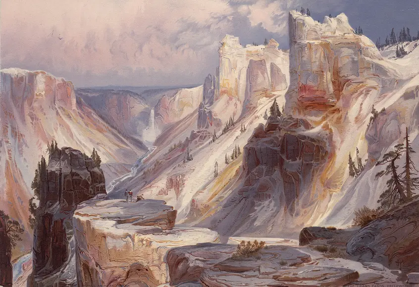 Thomas Moran, “Grand Canyon of the Yellowstone,” chromolithographic reproduction of a watercolor sketch, as published in Ferdinand V. Hayden, The Yellowstone National Park, and the mountain regions of portions of Idaho, Nevada, Colorado and Utah. Boston, 1876. The Huntington Library, Art Collections, and Botanical Gardens.