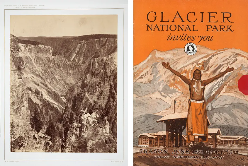 Left: William Henry Jackson, vintage photograph of Yellowstone National Park’s Grand Canyon, from photo album of Yellowstone National Park and views in Montana and Wyoming territories, 1873. The Huntington Library, Art Collections, and Botanical Gardens. Right: Great Northern Railway, Glacier National Park Invites You, 1925. The Huntington Library, Art Collections, and Botanical Gardens.