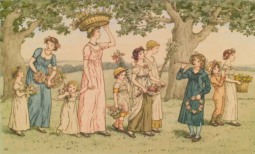 Kate Greenaway (British, 1846–1901), May Day, ca. 1890, pen and brown ink, watercolor and graphite pencil on wove paper. Purchased with funds from the Statch Memorial Fund, The Huntington Library, Art Museum, and Botanical Gardens.