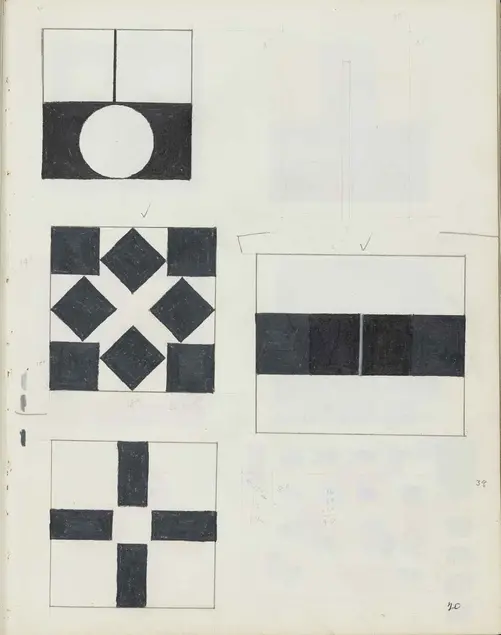 Frederick Hammersley (1919–2009), Study for See saw, #3, 1966, page 20 of Composition Book, sketchbook with graphite and colored pencil, 10 7⁄8 × 8 1⁄4 in. Getty Research Institute, Los Angeles, gift of the Frederick Hammersley Foundation. © Frederick Hammersley Foundation