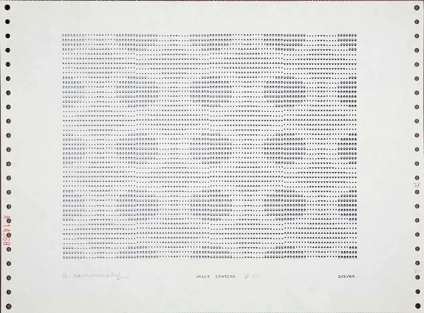 Frederick Hammersley (1919–2009), JELLY CENTERS, #31, 1969, from one incomplete set of the series of 72, computer-generated drawing on paper, 11 x 15 in. The Huntington Library, Art Collections, and Botanical Gardens, gift of the Frederick Hammersley Foundation. © Frederick Hammersley Foundation