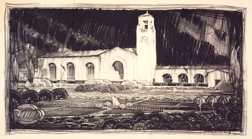 Edward Warren Hoak (1901-1978), chief designer, Los Angeles Union Passenger Terminal, ca. 1935. John Parkinson (1861-1935) and Donald Parkinson (1895-1945), architects. Charcoal on tracing paper, 16 x 29 5/8 inches. The Huntington Library, Art Collections, and Botanical Gardens.