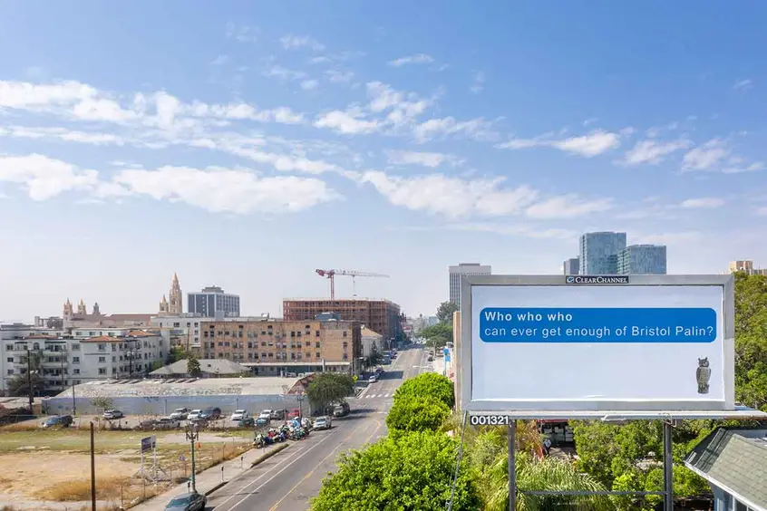 Larry Johnson, Bristol, 2020. Billboard at Hoover Street and West Seventh Street, Los Angeles 90005 (facing east). 144 × 288 in. (365.8 × 731.5 cm). Courtesy of the artist, David Kordansky Gallery, Los Angeles, and 303 Gallery, New York. Installation view, Made in L.A. 2020: a version. Photo: Joshua White / JWPictures.com