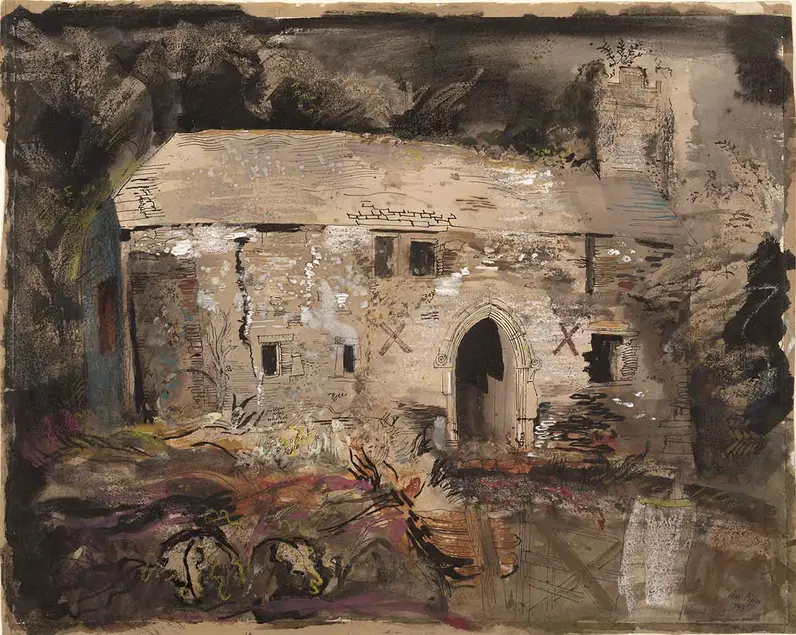 John Piper (British, 1903-1992), Old Chapel of Hall Farm, Bodnick, Fowey, Cornwall, 1943, watercolor, gouache, and ink with blue chalk and graphite on paper.