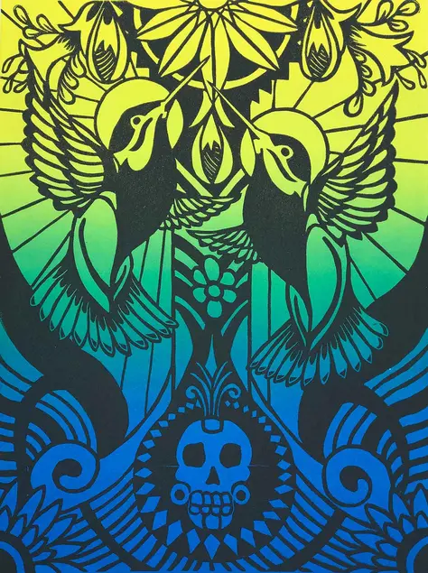 Victor Reyes, Mission of the Humming Bird, linoleum print on paper, 2017.