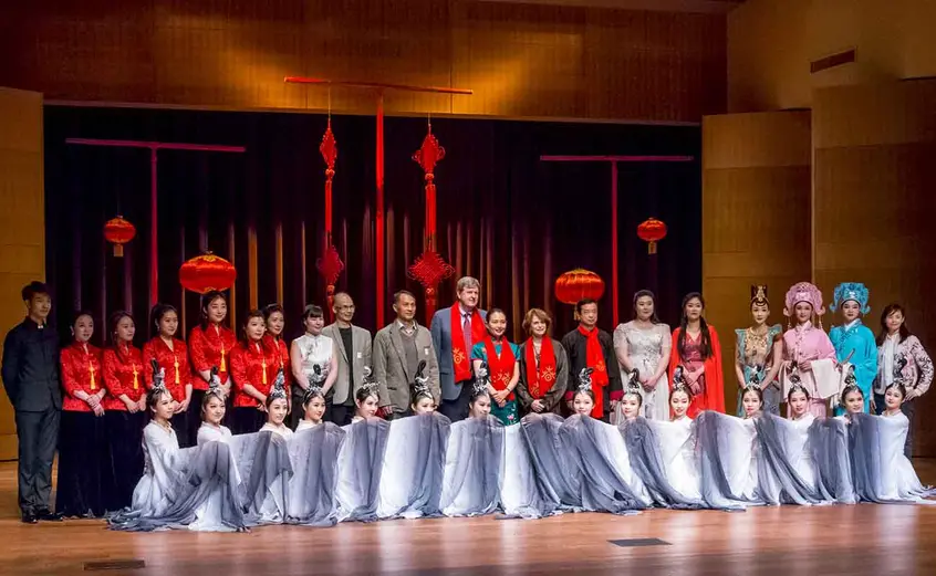 President Karen Lawrence and Dr. Peter Lawrence with Chinese Cultural Consul Wang and Consul Gu and performers at The Huntington's 2019 Chinese New Year Festival
