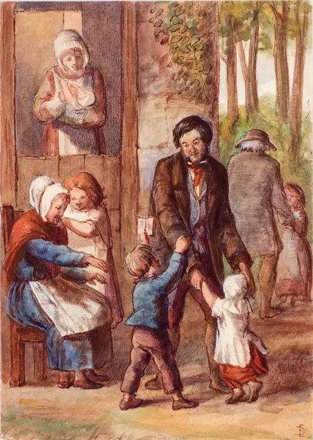 Edward Gurden Dalziel (British, 1817–1905), Children are the Poor Man’s Riches, ca. 1855, watercolor, gouache, and pen and ink over traces of graphite on paper.