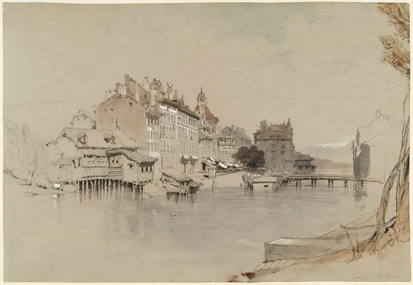 John Ruskin (British, 1819–1900), Geneva from the Rhone, undated, 1842 or 1846, watercolor, graphite pencil, and colored chalk on wove blue paper. Gilbert Davis Collection, The Huntington Library, Art Museum, and Botanical Gardens.