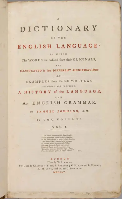 A first edition of Johnson’s famous Dictionary of the English Language, published in 1755 in two volumes.  Courtesy of Loren Rothschild.