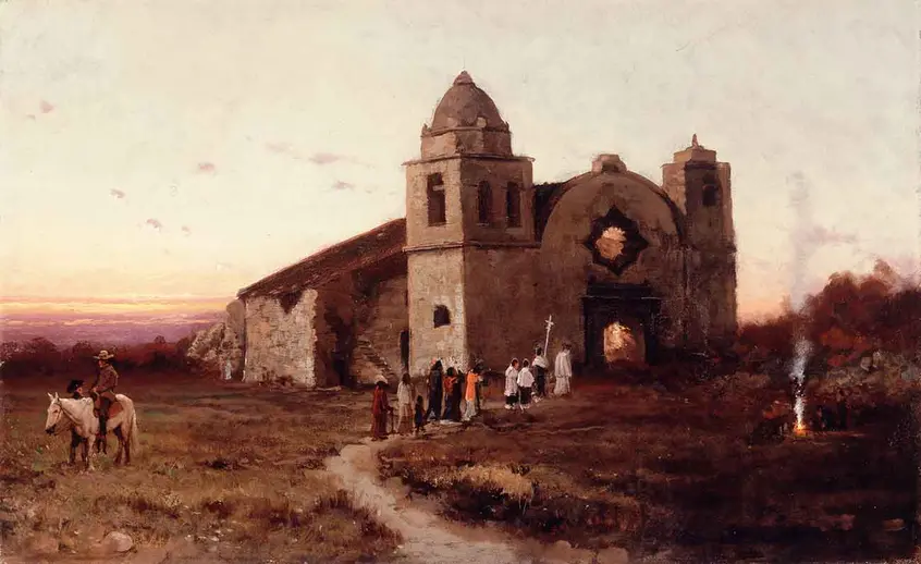 Jules Tavernier, Carmel Mission on San Carlos Day, 1875. Oil on canvas, 18 × 29 in. Courtesy of William and Merrily Karges.