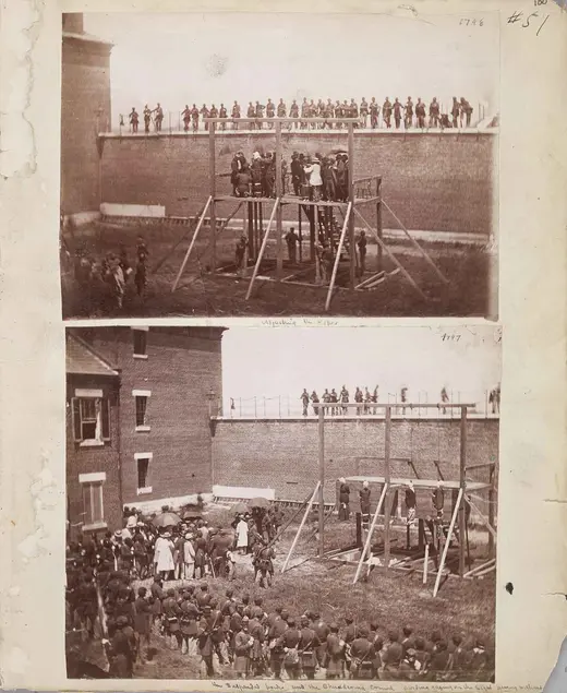 Alexander Gardner (1821-1882), Hanging of the Lincoln Conspirators at the Old Arsenal, Washington, DC, July 7, 1865. Page from the James E. Taylor Scrapbook; albumen prints; ea. 6 ½ x 9 in. Huntington Library, Art Collections, and Botanical Gardens.