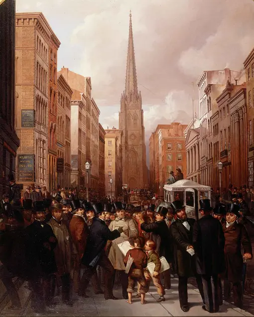 James Henry Cafferty (1819–1869) and Charles G. Rosenberg (1818–1879), Wall Street, Half Past Two O’Clock, October 13, 1857, 1858, oil on canvas, 50 × 40 in. Museum of the City of New York. Gift of the Honorable Irwin Untermeyer.