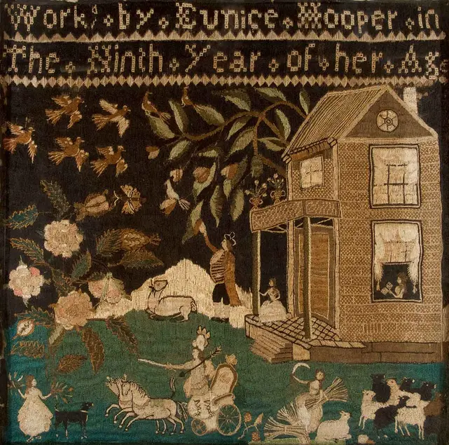 Eunice Hooper (1781–1866), Sampler, ca. 1790. Silk on linen, 21 × 21 ¼  in. Collection of Jonathan and Karin Fielding, Los Angeles.