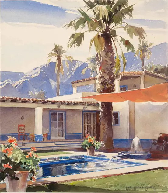 Watercolor painting of a house designed by Wallace Neff
