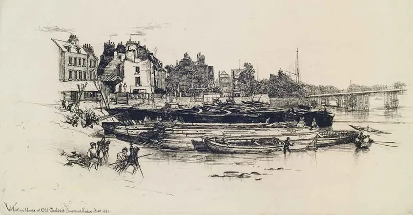 Francis Seymour Haden (1818-1910), Whistler's House, Old Chelsea, 1863, etching and drypoint on laid paper, 17.3 x 32.9 cm. The Huntington Library, Art Collections, and Botanical Gardens. Gift of Russel I. Kully.