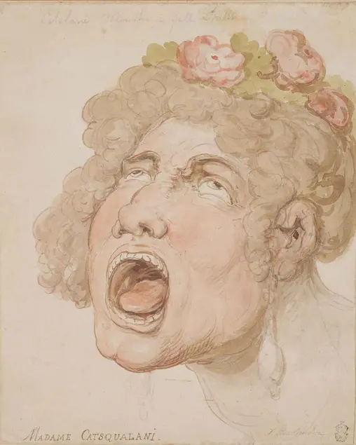 Thomas Rowlandson (British, 1756-1827), Madame Catsqualani, no date, pen and watercolor. The Huntington Library, Art Collections, and Botanical Gardens. Gilbert Davis Collection.
