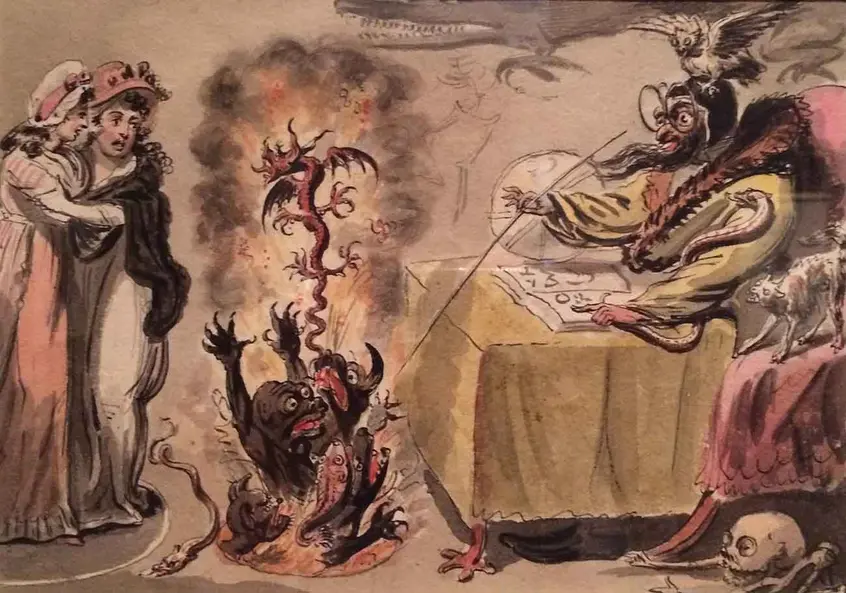 Isaac Cruikshank (British, 1764–1810), Raising Evil Spirits, 1795, pen and watercolor over pencil, 6 5/8 × 9 1/8 in. The Huntington Library, Art Collections, and Botanical Gardens.
