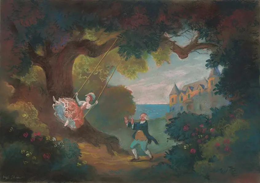 A pastel drawing in blues and greens and highlights of pink and red. An 18th century man has his hands out, having just pushed a woman in a pink dress on a swing hanging under a dense tree.